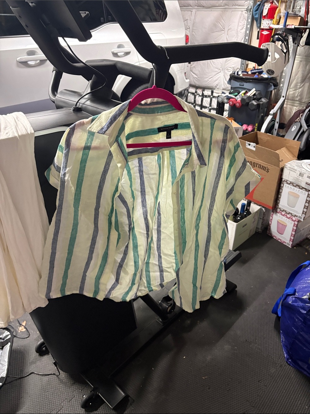 Men's Short-Sleeve Striped Button-Up Shirt - White with Blue & Green Stripes